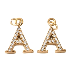 Letter A 304 Stainless Steel with Crystal Rhinestone Charms, Letter Charms, Polished, Ion Plating(IP), Golden, Letter A, 13x10x2mm, Hole: 2.5mm