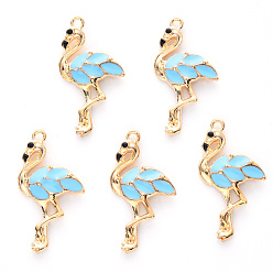 Голубой Подвески из эмали и сплава, без кадмия и без свинца, золотой свет, форма фламинго, голубой, 29.5x16x3 мм, отверстие : 1.6 мм