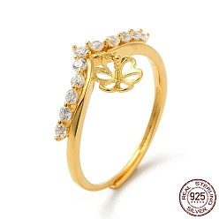 Real 18K Gold Plated 925 Sterling Silver Micro Pave Cubic Zirconia Adjustable Cuff Ring Settings, for Half Drilled Beads, Flower, with S925 Stamp, Real 18K Gold Plated, US Size 6 3/4(17.1mm), Pin: 0.9mm