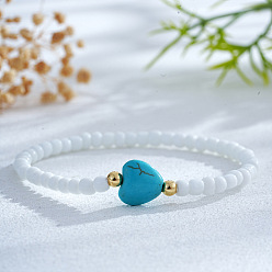 Сердце Богемные браслеты из белого стеклянного бисера, синтетические бирюзовые эластичные браслеты для женщин, с золотыми латунными бисера, сердце