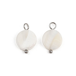 Нержавеющая Сталь Цвет Подвески-диски из натуральной ракушки, с 304 петлями из нержавеющей стали, цвет морской раковины, цвет нержавеющей стали, 15.5~17x10~10.5x2.5~3.5 мм, отверстие : 2~3 мм