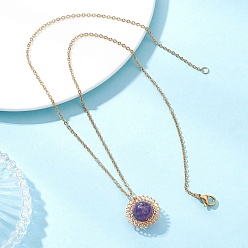 Аметист Подвеска-цветок из натурального аметиста, обвитая медной проволокой 304 Женские ожерелья из нержавеющей стали, золотые, 17.68 дюйм (44.9 см)