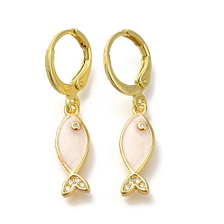 Настоящее золото 18K Серьги-кольца из латуни с прозрачным кубическим цирконием, рыба, реальный 18 k позолоченный, 30.5 мм, подвески: 17x6x2.5 мм