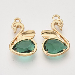 Light Gold Eco-Friendly Alloy Pendants, with Faceted Glass, Nickel Free, Swan, Green, Light Gold, 20x12.5x4mm, Hole: 1.5mm
