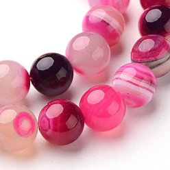 Deep Pink Natural Striped Agate/Banded Agate Beads Strands, Round, Dyed & Heated, Deep Pink, 10mm, Hole: 1mm, about 38pcs/strand, 15 inch
