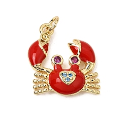 Red Brass Micro Pave Colorful Cubic Zirconia Pendants, with Enamel, Crab Charms, Rack Plating, Long-Lasting Plated, Cadmium Free & Lead Free, Real 18K Gold Plated, Red, 20x18.5x4mm, Hole: 3.3mm