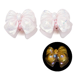 Zufällige Farbe Leuchtende, undurchsichtige Harz-, Strass- und Polymerclay-Perlen, Schleife, mit Glitzerpulver, Leuchten im Dunkeln, zufällige Farbe, 32~34x39~41x22~24 mm, Bohrung: 2~3 mm