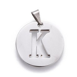 Letter K Anlaufgeschützt 201 Anhänger aus Edelstahl, flach rund mit Brief, Edelstahl Farbe, Buchstaben k, 20x1.3 mm, Bohrung: 4x3 mm