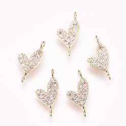 Real 18K Gold Plated Brass Links, with Cubic Zirconia, Nickel Free, Heart, Clear, Real 18K Gold Plated, 9x7x2mm, Hole: 1.8mm
