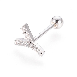 Letter Y Boucles d'oreilles en argent sterling plaqué rhodium, micro pavé, zircone cubique transparente, haltère, cartilage, letter.y, 925mm, pin: 7x6x1.5 mm
