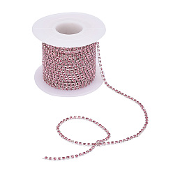 Light Rose Brass Rhinestone Strass Chains, with Spool, Rhinestone Cup Chain, about 2880pcs Rhinestone/bundle, Grade A, Silver Color Plated, Light Rose, 2mm, about 10yards/roll