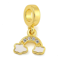 Настоящее золото 18K Стеллажное покрытие латунь микро паве прозрачный кубический цирконий европейские подвески-подвески, радужные подвески с большими отверстиями и белой эмалью, долговечный, без кадмия и без свинца, реальный 18 k позолоченный, 19 мм, отверстие : 4.8 мм