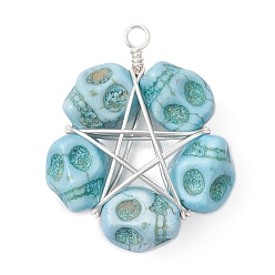 Светло-Голубой Подвески из бисера в виде черепа из синтетической бирюзы, окрашенные в стиле Хэллоуина, подвески-пентаграммы из медной проволоки, покрытой серебром, Небесно-голубой, 30.5x25x10 мм, отверстие : 3 мм