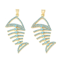 Real 18K Gold Plated Brass Micro Pave Sky Blue Cubic Zirconia Pendants, Fishbone Charms, Rack Plating, Long-Lasting Plated, Cadmium Free & Lead Free, Real 18K Gold Plated, 40.5x25x3mm, Hole: 4.5x3.5mm