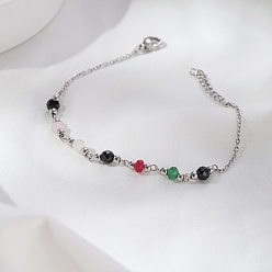 Нержавеющая Сталь Цвет Браслеты из натуральных чёрных агатов в стиле богемии, 304 женские браслеты-цепочки из нержавеющей стали, круглые, цвет нержавеющей стали, 6.69 дюйм (17 см)