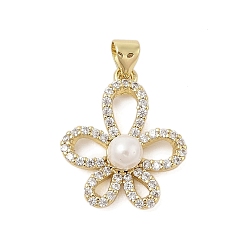 Настоящее золото 18K Стойка для цветов, покрытие латунь, микропаве из кубических цирконий с подвесками из искусственного жемчуга ABS, долговечный, без свинца и без кадмия, реальный 18 k позолоченный, 20x17.5x6 мм, отверстие : 3.5x5 мм