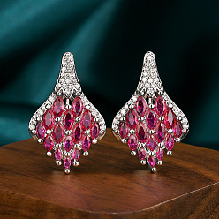 Платина Латунь кубического циркония серьги стержня, лошадиный глаз , с натуральным красным корундом, платина, 26.4x17 мм