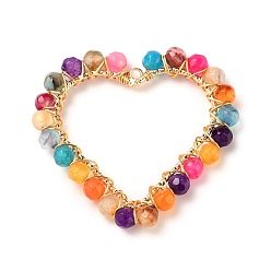 Натуральный Агат Кулоны с натуральным ограненным агатом в форме сердца, проволочные подвесные подвески, с латунными выводами и экологически чистой медной проволокой, золотые, окрашенная и подогревом, 39x42x4 мм, отверстие : 1.8 мм