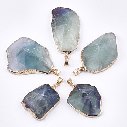 Fluorite Electroplate Natural Fluorite Pendants, with Brass & Iron Findings, Faceted, Nugget, Golden, 30~76x20~45x10~15mm, Hole: 4.5x8mm