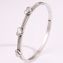 Сердце 304 Женские браслеты-кольца из нержавеющей стали с кристаллами и стразами, цвет нержавеющей стали, сердце, внутренний диаметр: 2.36 дюйм (6 см)