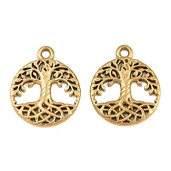 Real 18K Gold Plated 304 Stainless Steel Pendants, Tree of Life Charms, Ion Plating(IP), Real 18K Gold Plated, 21x18x1.8mm, Hole: 2mm