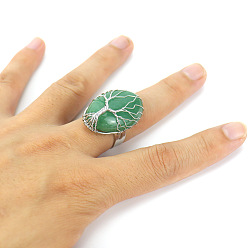 Зеленый Авантюрин Натуральный зеленый авантюрин, обмотанный медной проволокой, с кольцами из сплава, платина, овальной формы с деревом жизни рисунком, 30x20 мм, внутренний диаметр: 20 мм