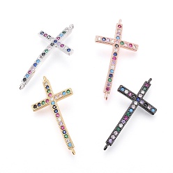 Mixed Color Brass Micro Pave Cubic Zirconia Links, Sideways Cross, Colorful, Mixed Color, 29x15.5x2mm, Hole: 1mm
