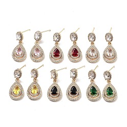 (52) Непрозрачная лаванда Серьги-гвоздики из латуни с микропаве из светлого золота и циркония в форме каплевидной формы, стеклянные серьги-капли, разноцветные, 27x11.5 мм