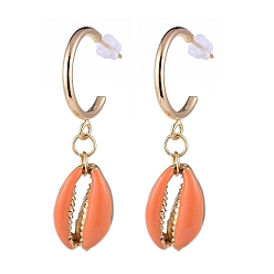 Orange Brass Dangle Stud Earrings, with Alloy Enamel Beads and Plastic Ear Nuts, Cowrie Shell Shape, Dark Orange, 45~46mm, Pin: 0.8mm