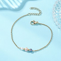 Разноцветный Браслеты из натурального культивированного пресноводного жемчуга, 304 трос из нержавеющей стали для женщин, рондель, реальный 18 k позолоченный, красочный, 7.09 дюйм (18 см)