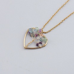 Fluorite Natural Fluorite Chip Beaded Tree of Life Alloy Heart Pendant Necklaces, Golden, 20.87 inch(53cm)
