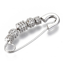 Real Platinum Plated Brass Micro Pave Cubic Zirconia Safety Pins, Nickel Free, Clear, Real Platinum Plated, 37~38x14x5.5mm, Hole: 4mm, Pin: 1mm