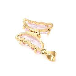 Pink Glass Pendants, with Brass Clear Micro Pave Cubic Zirconia, Butterfly, Golden, Pink, 24x21x4mm, Hole: 5.5x3.5mm
