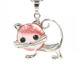 Cherry Quartz Glass Cherry Quartz Glass Pendants, with Platinum Plated Brass Findings, Cat Shape Charms, 35x29x10mm