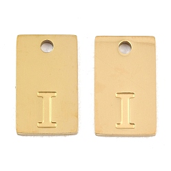 Letter I 304 Stainless Steel Pendants, Rectangle with Letter Charms, Real 18K Gold Plated, Ion Plating(IP), Letter I, 16x10x1.4mm, Hole: 1.8mm