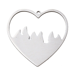 Platinum 304 Stainless Steel Pendants, Heart with Flame Charms, Platinum, 30x31x1mm, Hole: 1.4mm