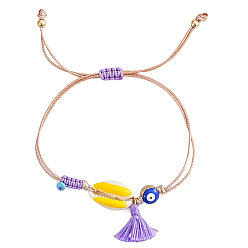 Лиловый Богемные хлопковые браслеты с кисточками и подвесками, Регулируемые браслеты из плетеного бисера с бусинами из ракушек и смолы для женщин, сглаз и форма раковины, сирень, 11.02 дюйм (28 см)