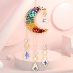 Смешанные камни Украшения из медной проволоки, крошки драгоценных камней и металлические подвески в виде луны, подвесные ловцы солнца, с подвеской из стеклянного листа, 50~55x11 см