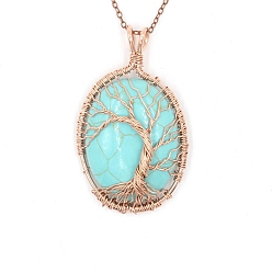 Синтетическая Бирюза Подвески из латунной проволоки с синтетической бирюзой, овал с подвесками в виде дерева, розовое золото , 43x33 мм