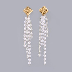 Golden Dangle Earrings, with Handmade Glass and Brass Beaded Chains, ABS Plastic Imitation Pearl and 304 Stainless Steel Stud Earring Findings, Square, Golden, 114mm, pin: 0.7mm