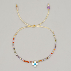 Cross Богемный регулируемый браслет из разноцветных натуральных ракушек и смешанных камней с круглыми гранеными бусинами от сглаза для женщин, крестик, 11 дюйм (28 см)