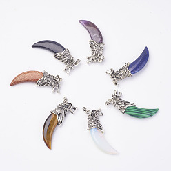 Смешанные камни Натуральные и синтетические смешанные камни большие подвески, со сплавочной фурнитурой, форма клыка, античное серебро, 58x19x9 мм, отверстие : 4x5 мм