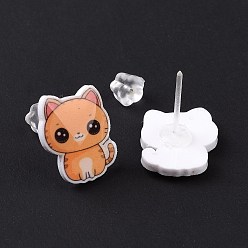 Sandy Brown Acrylic Cat Stud Earrings with Platic Pins for Women, Sandy Brown, 14x12~12.5mm, Pin: 1mm