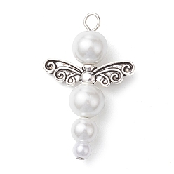 Античный Серебристый & Платиновый Стеклянные жемчужные подвески, с сплава прелести, ангел, белые, старинное серебро и платина, 34x21.5x8 мм, отверстие : 2.8 мм