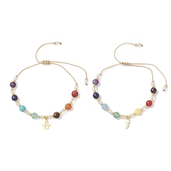 Смешанные камни 2шт. чакра 304 браслеты с подвесками из нержавеющей стали, регулируемые браслеты из круглых бусин из натуральных и синтетических смешанных драгоценных камней для женщин, внутренний диаметр: 1-1/4~3 дюйм (3.2~7.7 см)