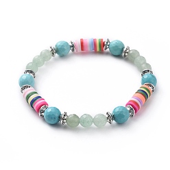 Green Aventurine Stretch Bracelets, with Natural Green Aventurine & Synthetic Turquoise Beads, Polymer Clay Heishi Beads and Alloy Spacer Beads, 2-1/8 inch(5.4cm)