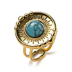 Настоящее золото 18K Ионное покрытие (ip) 304 открытые манжеты из нержавеющей стали, Плоские круглые кольца с синтетической бирюзой для женщин и мужчин, реальный 18 k позолоченный, регулируемый