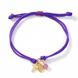 Фиолетовый Браслеты ручной работы из регулируемого латунного шнура с подвесками, крест с девственной мари, золотые, фиолетовые, 11.02 дюйм (28 см)