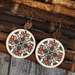 Colorful Bohemian Printed Wood & Zinc Alloy Dangle Earrings, Flat Round & Flower, Colorful, 82x44mm