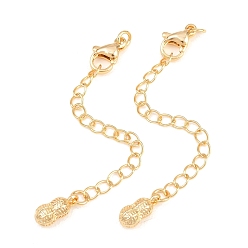 Golden Brass Curb Chain Extender, End Chains with Lobster Claw Clasps and Peanut Charms, Golden, 71mm, Hole: 2.4mm